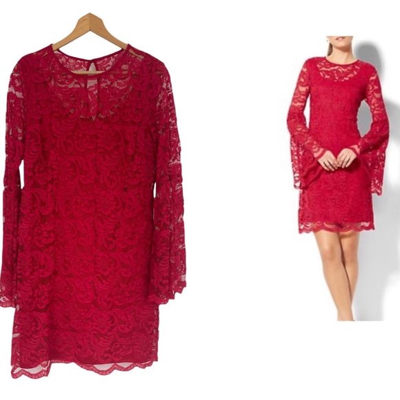 New York & Company Dresses & Skirts - Size Large RED LACE SCALLOPED BELL SLEEVE SHIFT DRESS Spring Summer Wedding